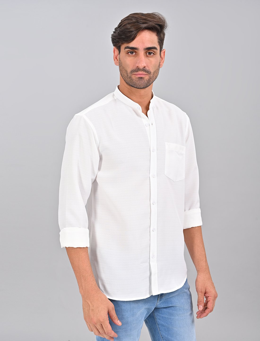 Stylofy Men’s Solid Slim Fit Full Sleeve Mandarin Collar Button Cuff Shirt