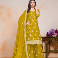 Abida Heavy Chinon Embroidery Work Salwar Suit, Palazzo Pant with Dupatta - Yellow - Image 4