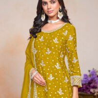 Abida Heavy Chinon Embroidery Work Salwar Suit, Palazzo Pant with Dupatta - Yellow - Image 2