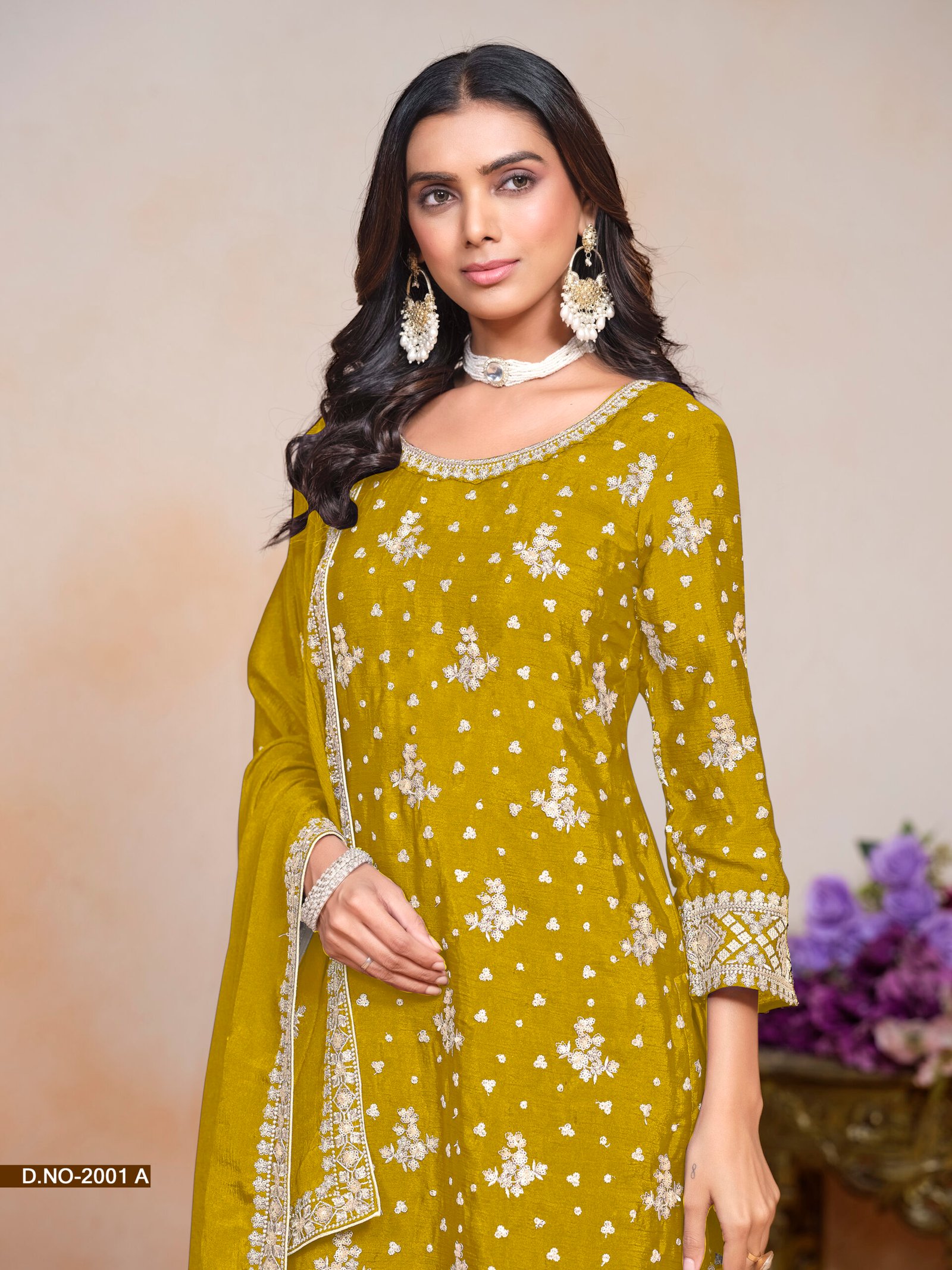 Abida Heavy Chinon Embroidery Work Salwar Suit, Palazzo Pant with Dupatta – Yellow
