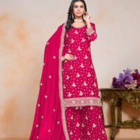 Abida Heavy Chinon Embroidery Work Salwar Suit, Palazzo Pant with Dupatta - Pink - Image 2
