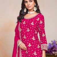 Abida Heavy Chinon Embroidery Work Salwar Suit, Palazzo Pant with Dupatta - Pink - Image 4