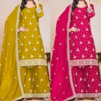 Abida Heavy Chinon Embroidery Work Salwar Suit, Palazzo Pant with Dupatta - Pink - Image 5