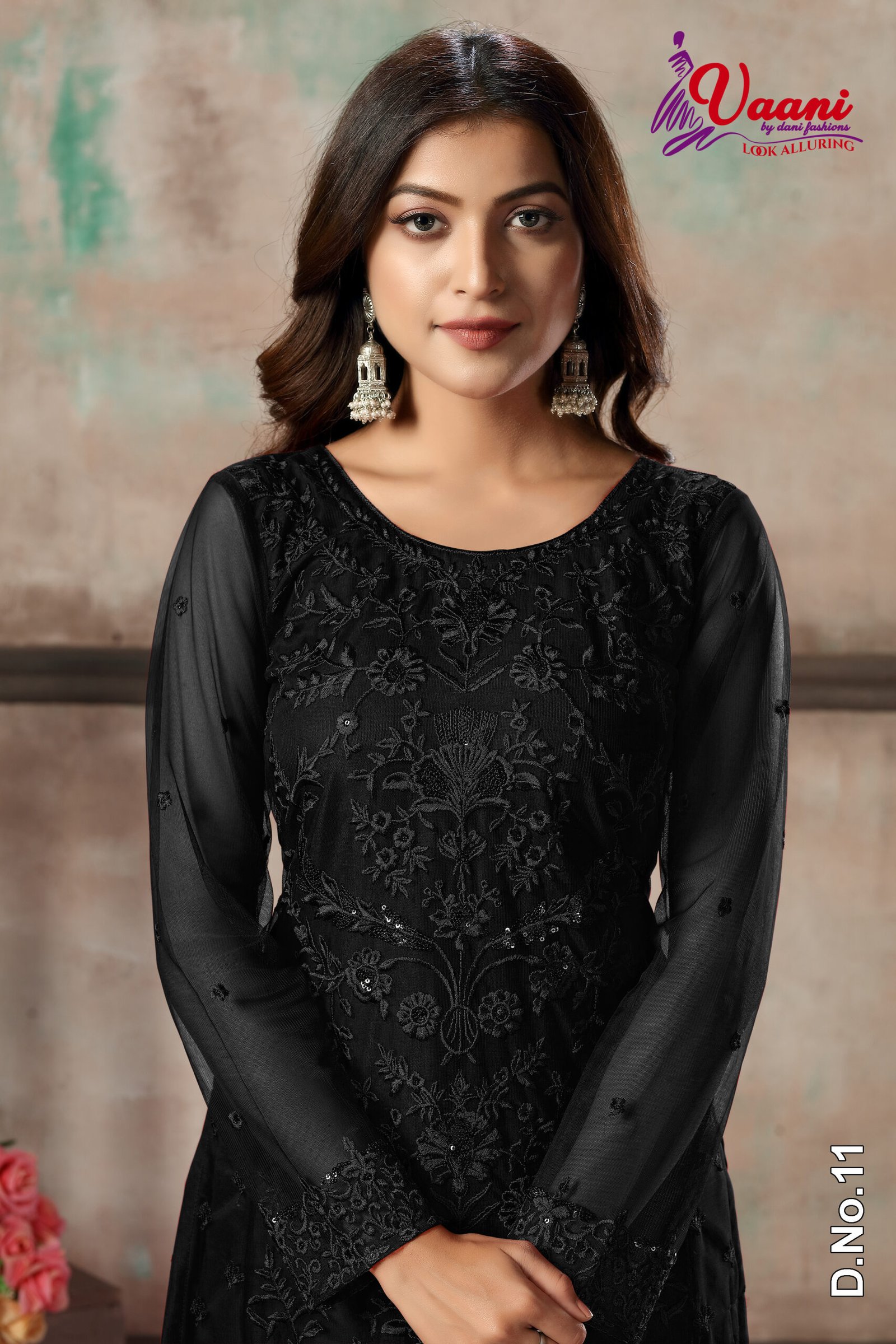 Stylish Designs Semi Stitched Suit – Kurti Pant, with Dupatta – Black Net Straight Cut Trouser Suit
