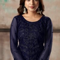 Stylish Designs Semi Stitched Suit – Kurti Pant, with Dupatta –  Navy Blue Net Straight Cut Trouser Suit - Image 2