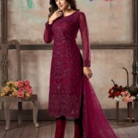 Stylish Designs Semi Stitched Suit – Kurti Pant, with Dupatta – Wine  Net Straight Cut Trouser Suit - Image 2