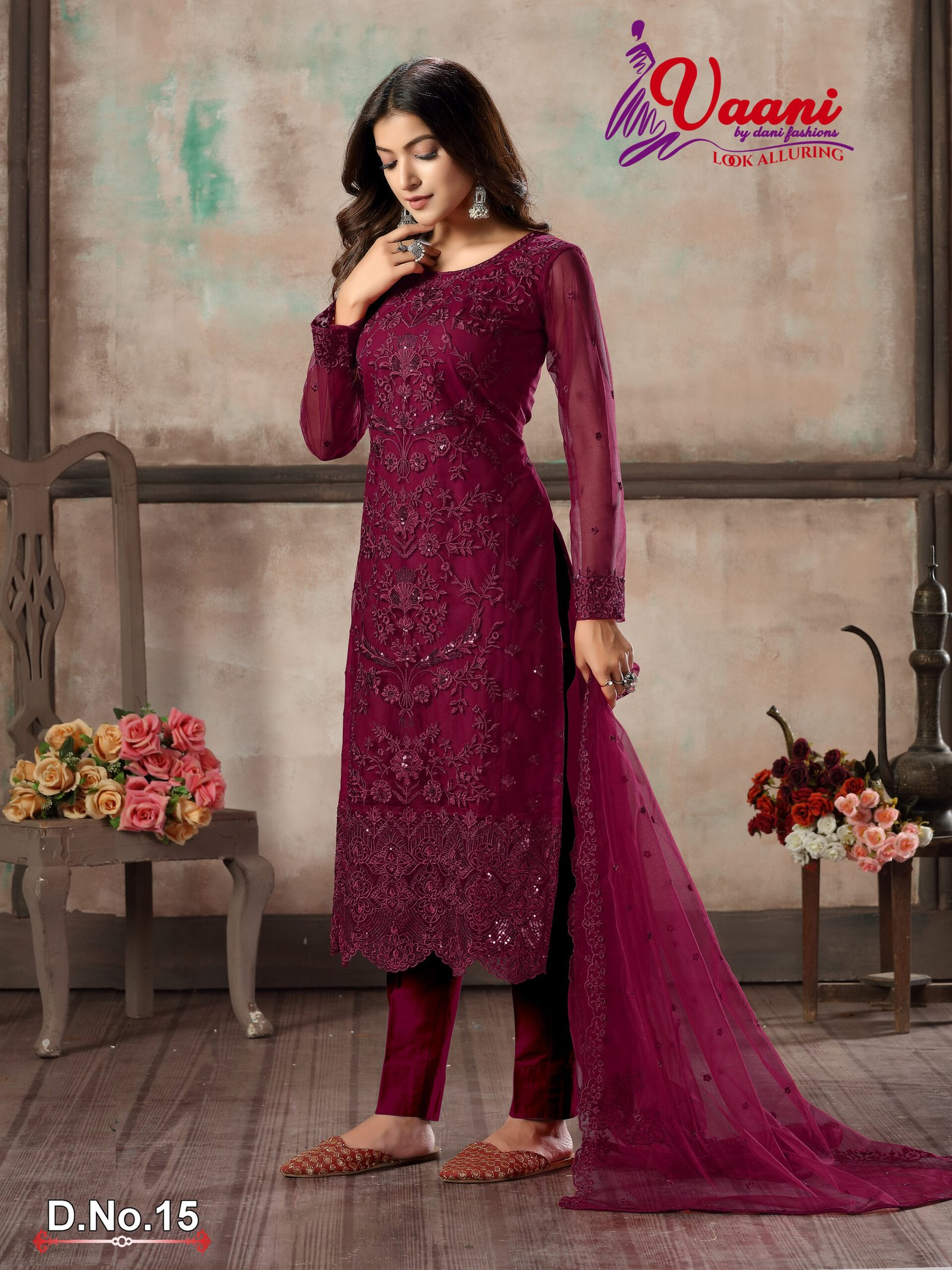 Stylish Designs Semi Stitched Suit – Kurti Pant, with Dupatta – Wine  Net Straight Cut Trouser Suit