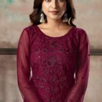 Stylish Designs Semi Stitched Suit – Kurti Pant, with Dupatta – Wine  Net Straight Cut Trouser Suit - Image 3