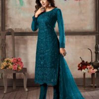 Stylish Designs Semi Stitched Suit - Kurti Pant, with Dupatta - Teal Blue Net Straight Cut Trouser Suit - Image 3