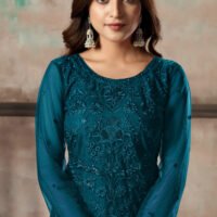 Stylish Designs Semi Stitched Suit - Kurti Pant, with Dupatta - Teal Blue Net Straight Cut Trouser Suit - Image 2