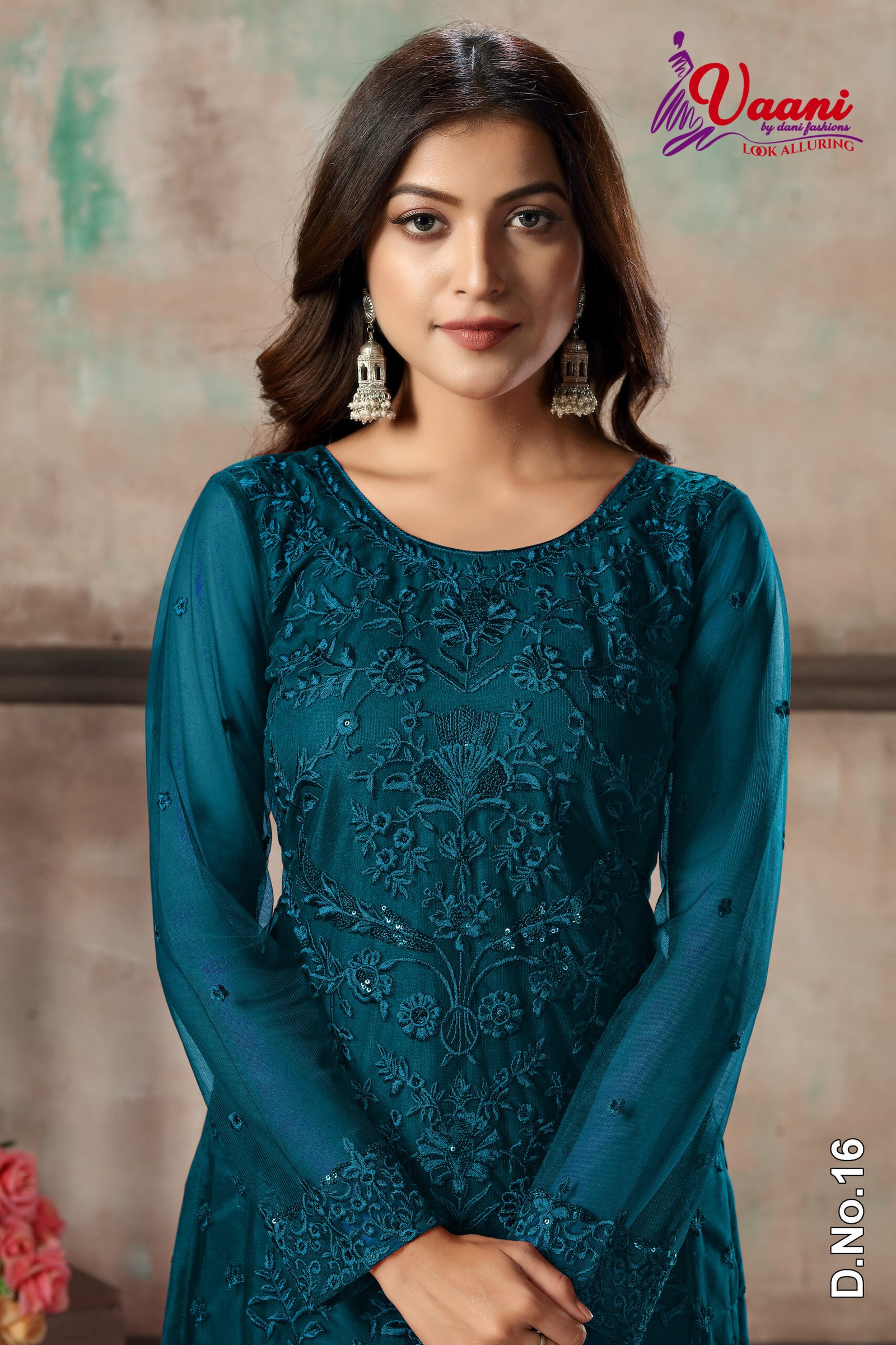 Stylish Designs Semi Stitched Suit – Kurti Pant, with Dupatta – Teal Blue Net Straight Cut Trouser Suit