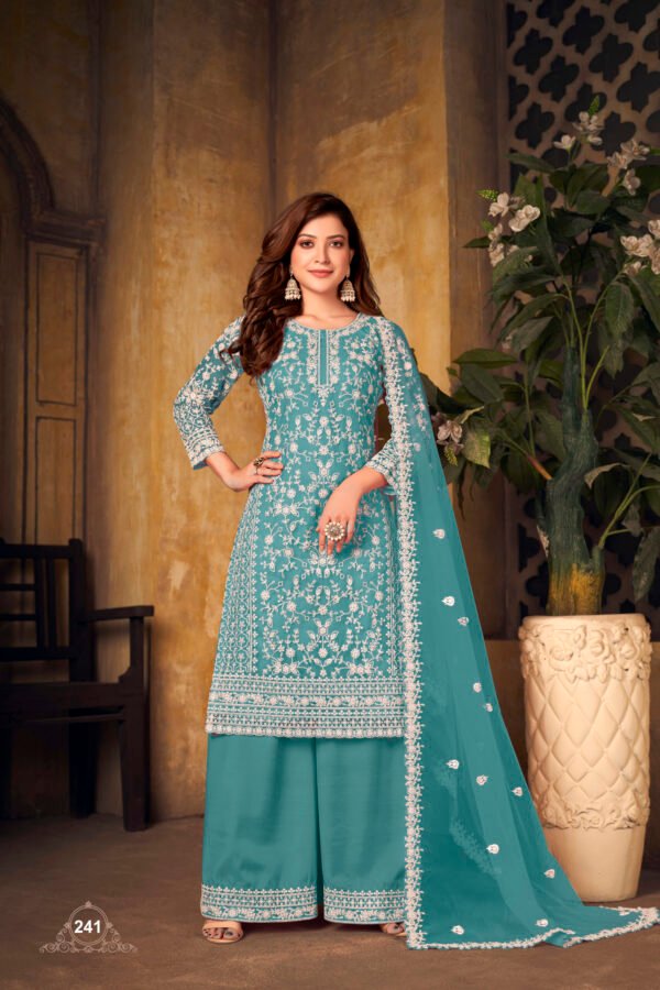 Ready to Wear Indian Pakistani Stylish Party Wear Salwar Kameez Palazzo Suit-Teal/Turquoise Color