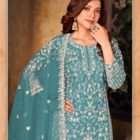 Ready to Wear Indian Pakistani Stylish Party Wear Salwar Kameez Palazzo Suit-Teal/Turquoise Color - Image 2