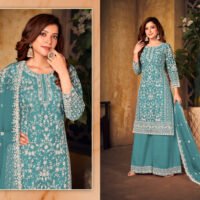 Ready to Wear Indian Pakistani Stylish Party Wear Salwar Kameez Palazzo Suit-Teal/Turquoise Color - Image 4