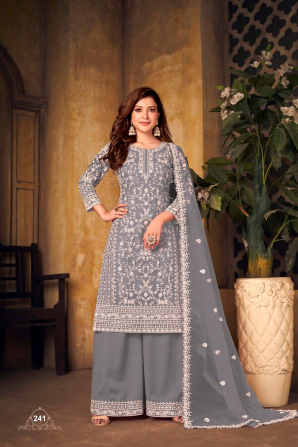 Ready to Wear Indian Pakistani Stylish Party Wear Salwar Kameez Palazzo Suit- Light Grayish Blue Color