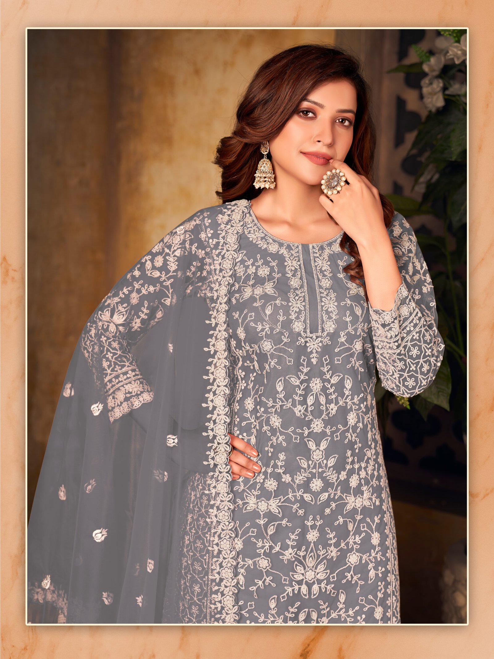 Ready to Wear Indian Pakistani Stylish Party Wear Salwar Kameez Palazzo Suit- Light Grayish Blue Color