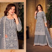 Ready to Wear Indian Pakistani Stylish Party Wear Salwar Kameez Palazzo Suit- Light Grayish Blue Color - Image 4