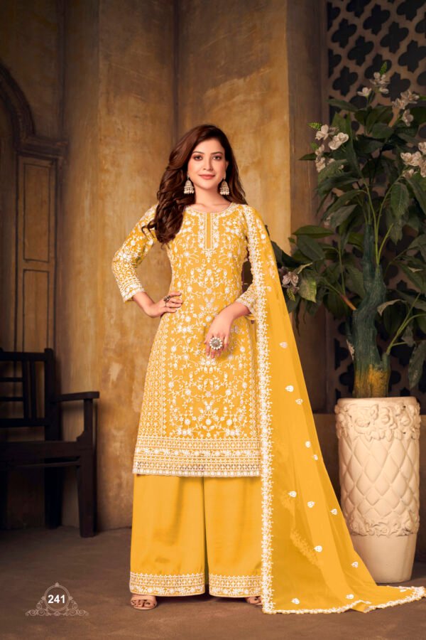 Ready to Wear Indian Pakistani Stylish Party Wear Salwar Kameez Palazzo Suit- Yellow Color