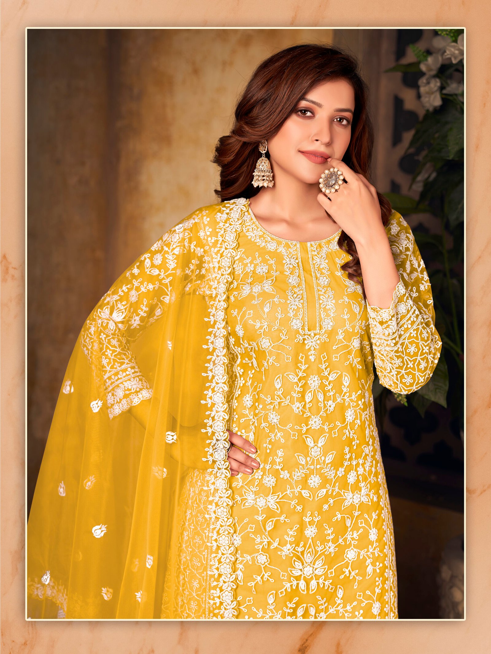 Ready to Wear Indian Pakistani Stylish Party Wear Salwar Kameez Palazzo Suit- Yellow Color
