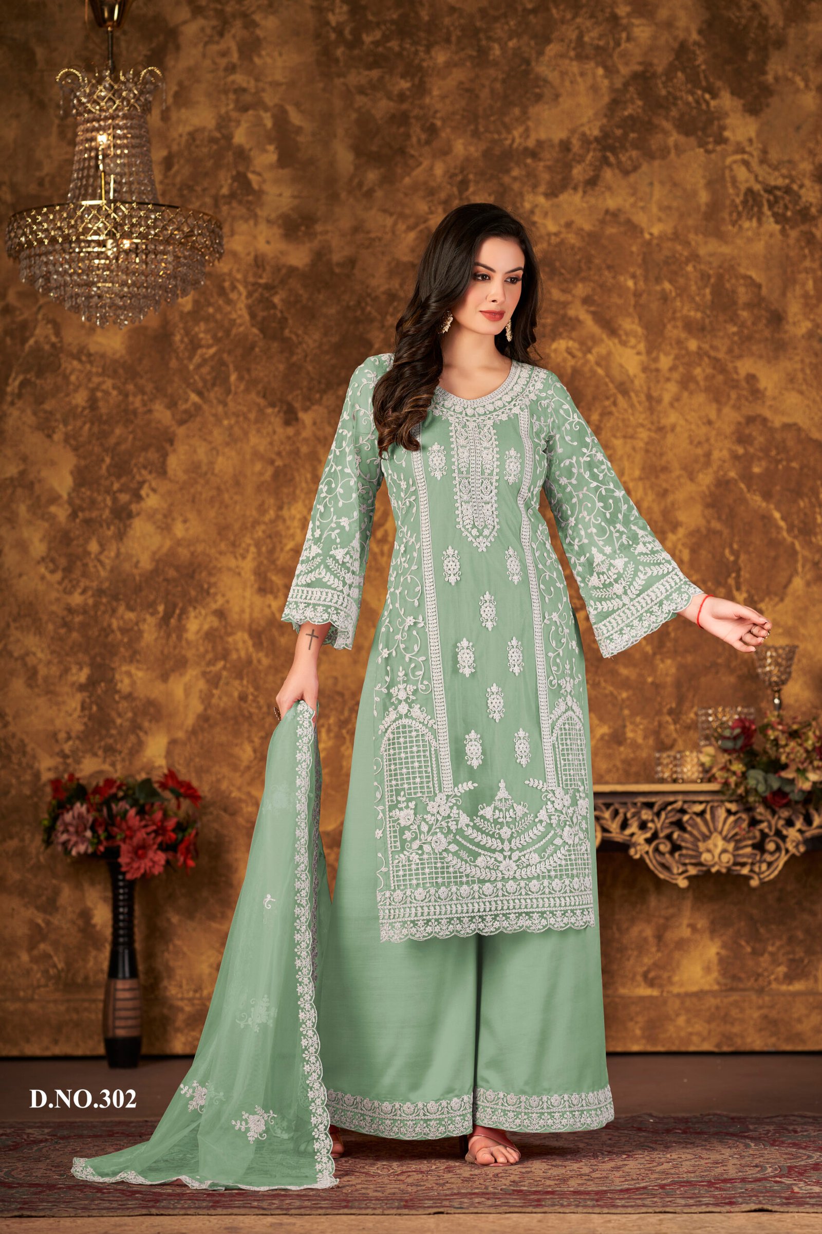 Ready to Wear Indian Pakistani Stylish Party Wear Salwar Kameez Palazzo Suit- Green Color
