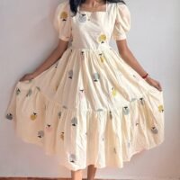 look stylish and walk in comfort with our new tress on Introducing Cotton with thread work embroidery, full embroidery of pattern Midi with lining stylish puff slavees set perfect for your wardrobe - Image 3